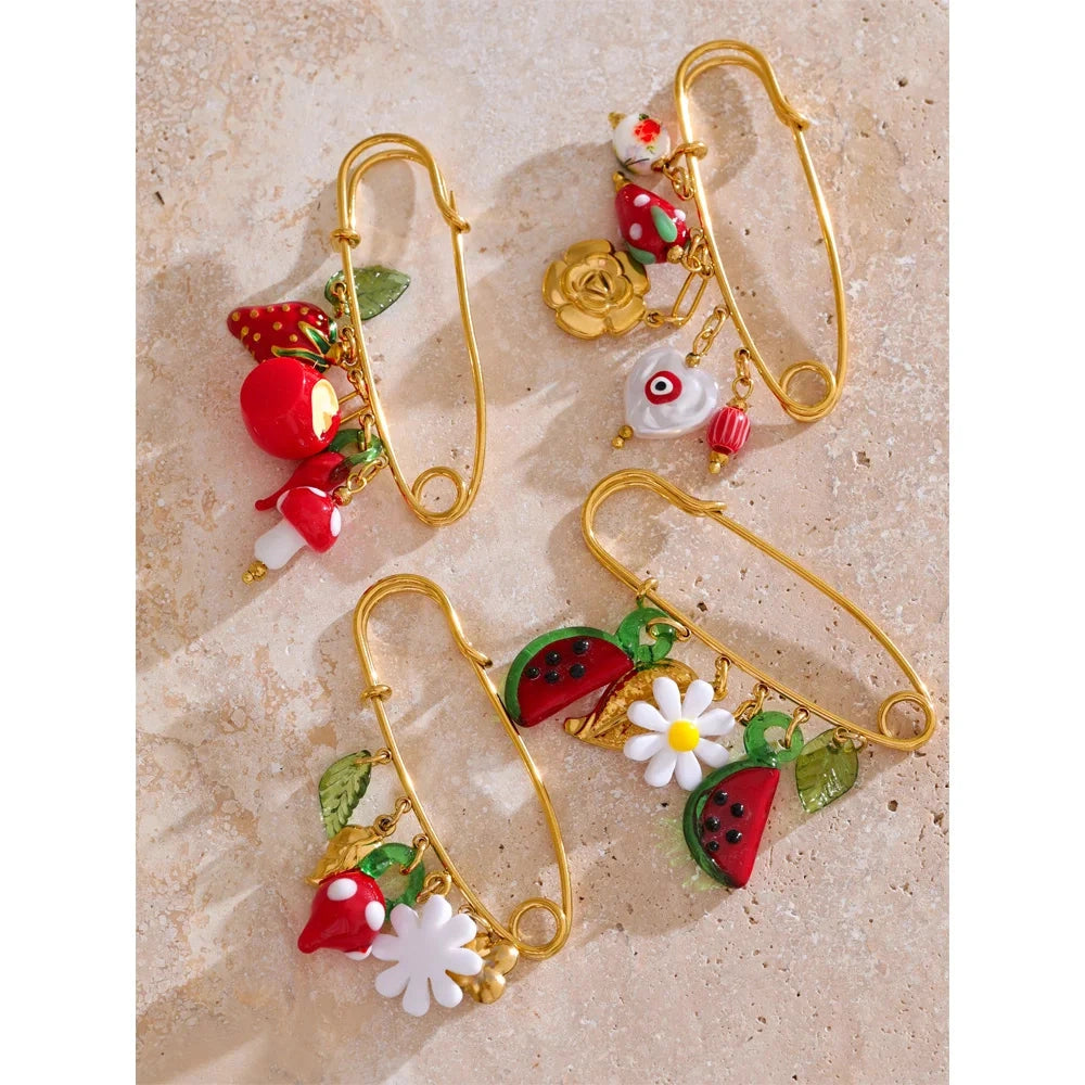 1Pcs Fashion Plastic Strawberry Fruit Heart Flower Shell Drop Charm Clasp Pin 18K Golden Plated Stainless Steel Jewelry by PoisedMe