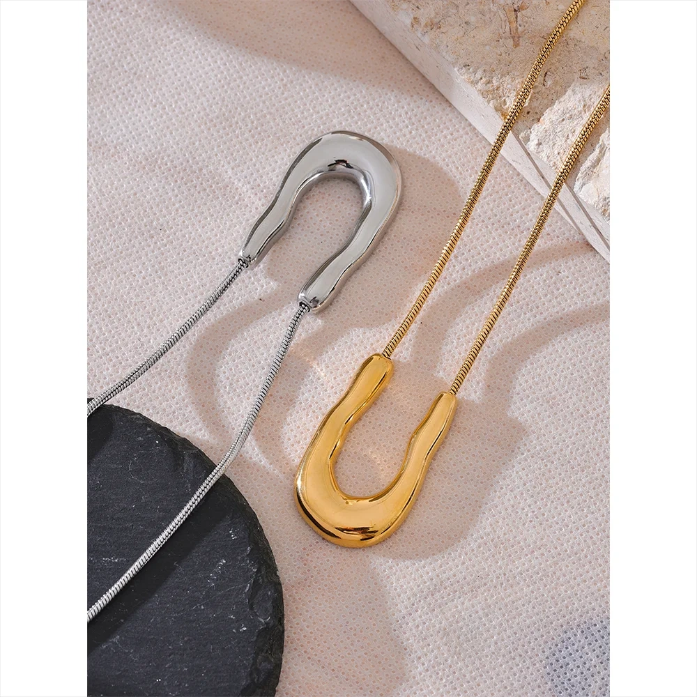 PoisedMe Yhpup 316L Stainless Steel U-Shape Metal Necklace Pendant 18K PVD Plated Fashion Statement Collar Neck Jewelry Waterproof New -