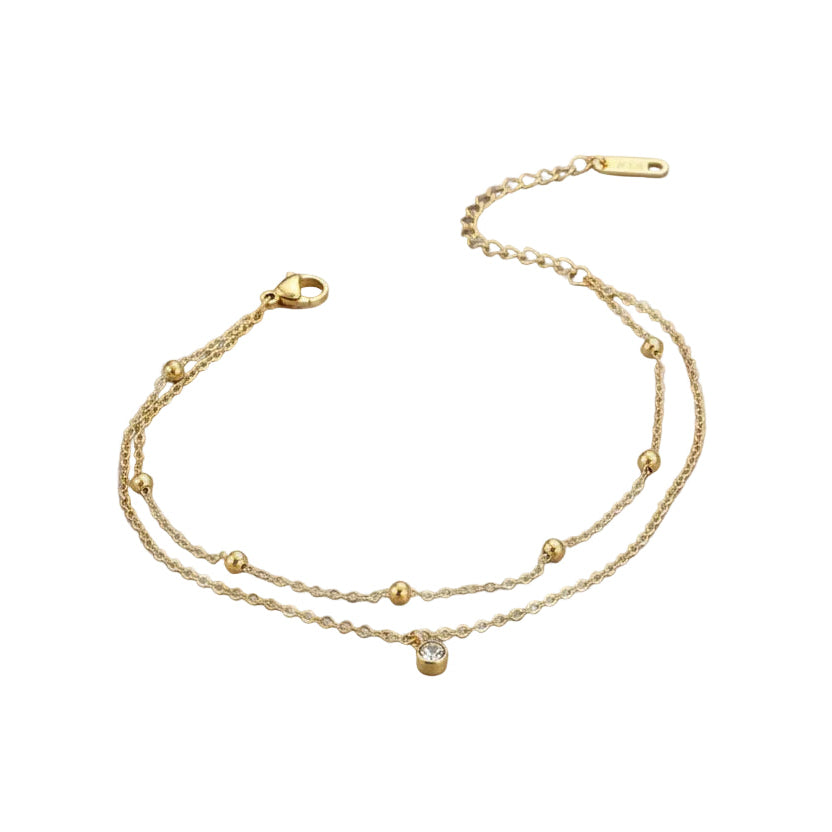 Kuziduocai 100% Stainless Steel New Fashion Jewelry 18K Gold-plated Minimalism 2-Layer Beading Zircon Charm Women Anklet Chain by PoisedMe