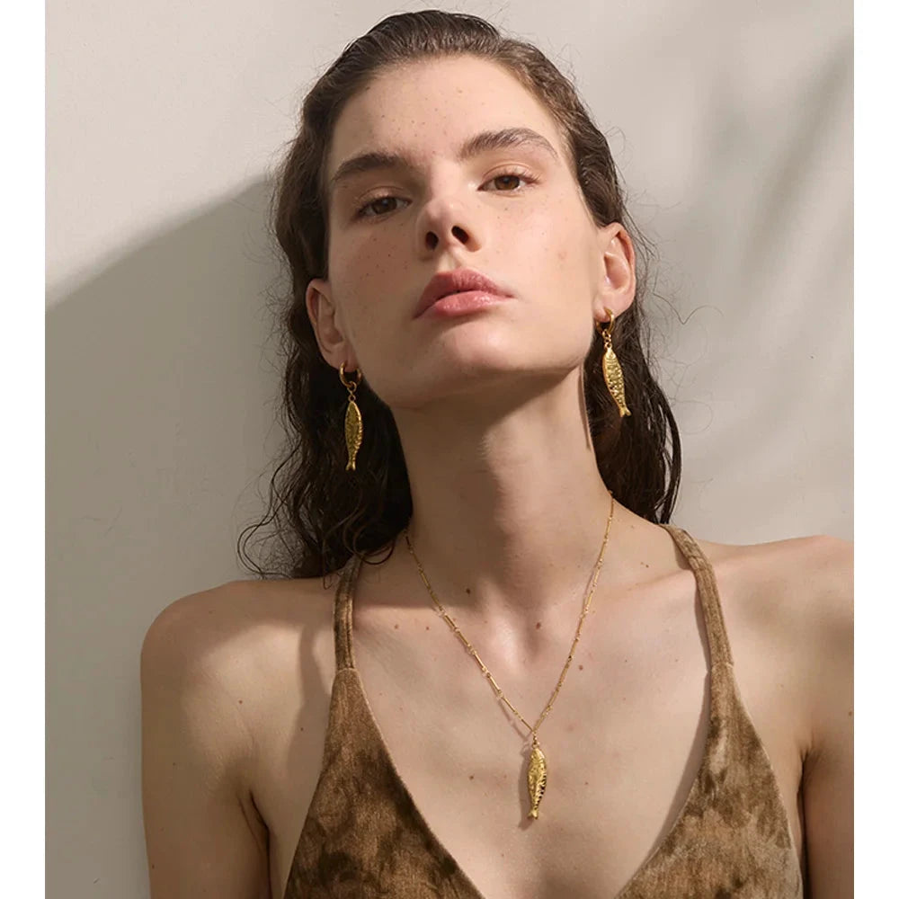 Ocean Stainless Steel Metal Fish Pendant Necklace Earrings Rust Proof Golden PVD Plated Trendy Fashion Jewelry by PoisedMe