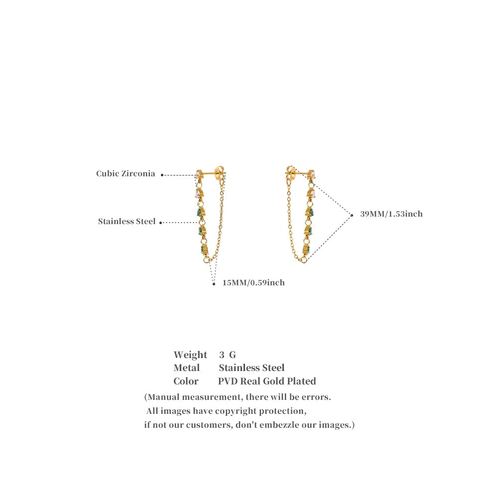 PoisedMe New Green White Cubic Zirconia Chain Drop Earrings Gold Color Stainless Steel PVD Plated Chic Fashion Jewelry 