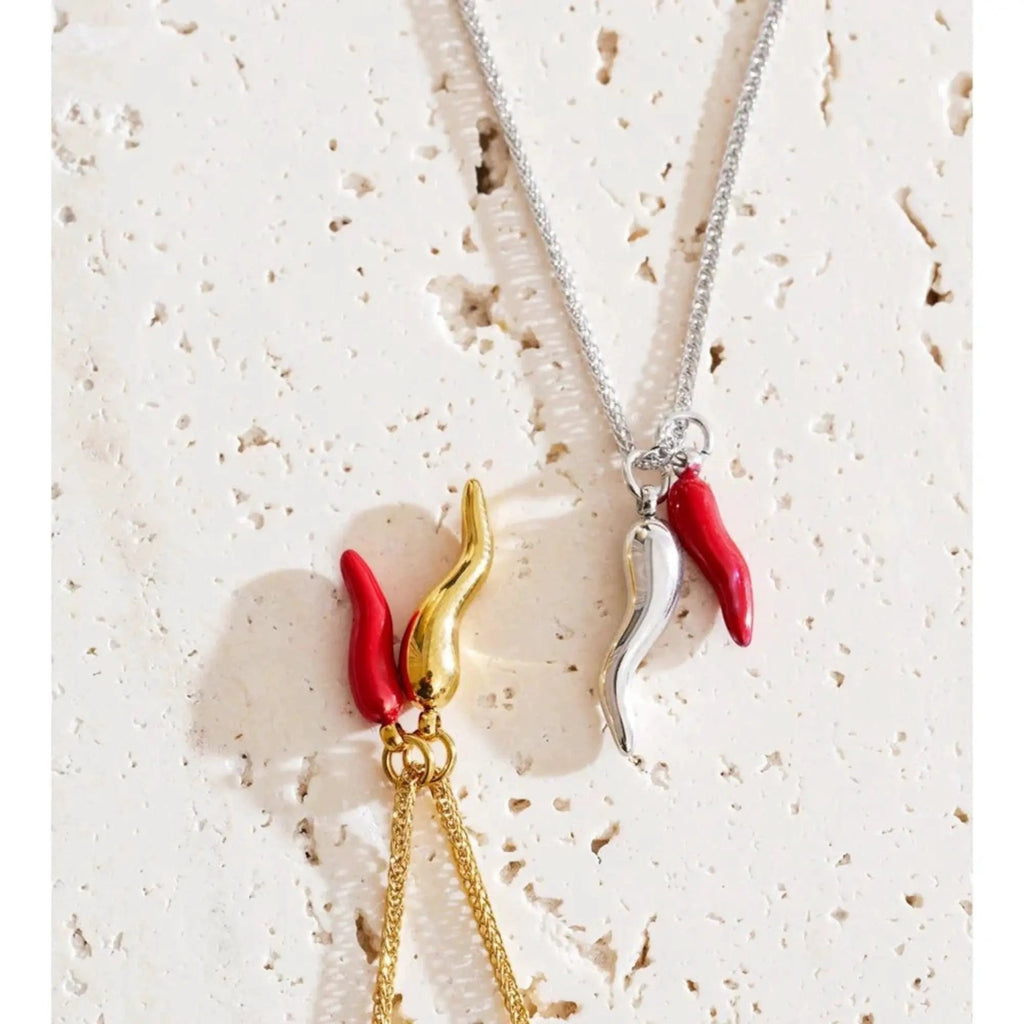 PoisedMe Enamel Red Chili Pepper Necklace Pendant Gold Plated Stainless Steel PVD Jewelry - Necklaces