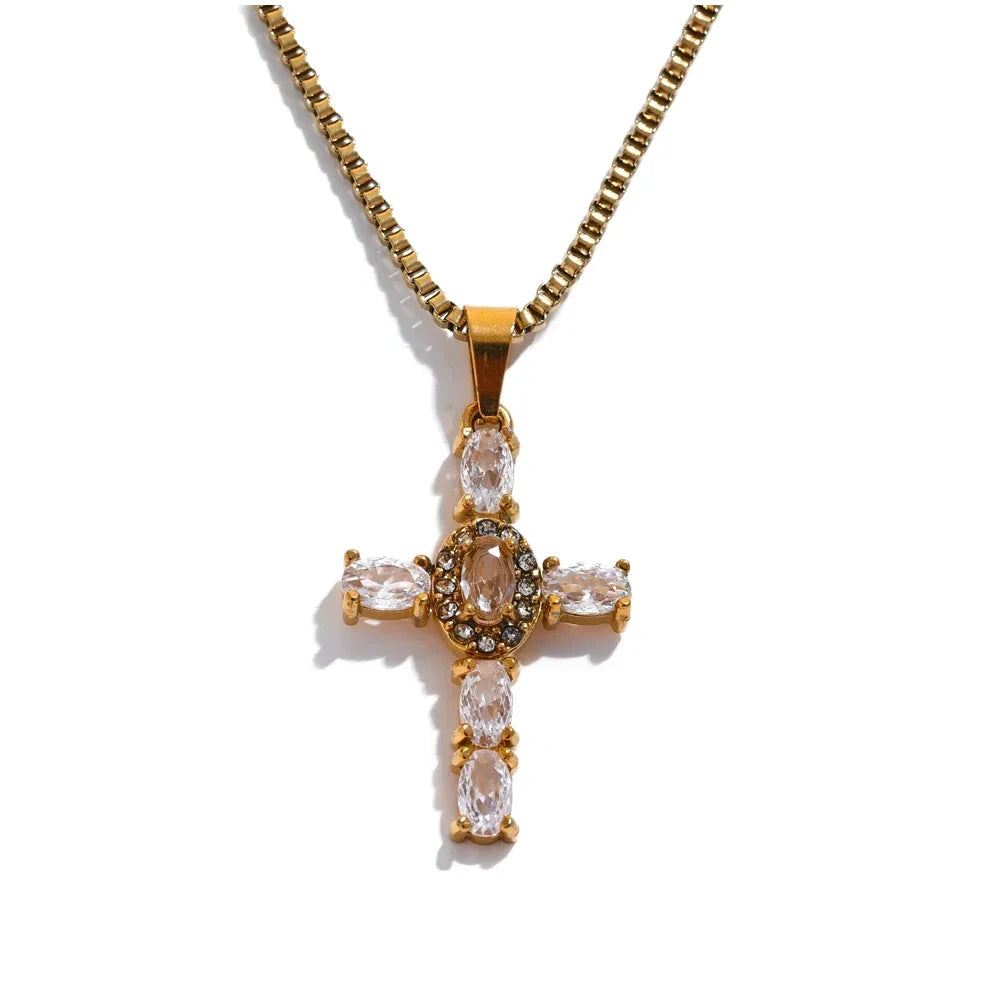 Cubic Zirconia Cross Necklace – Multicolor or Silver-Plated Luxury Pendant by PoisedMe