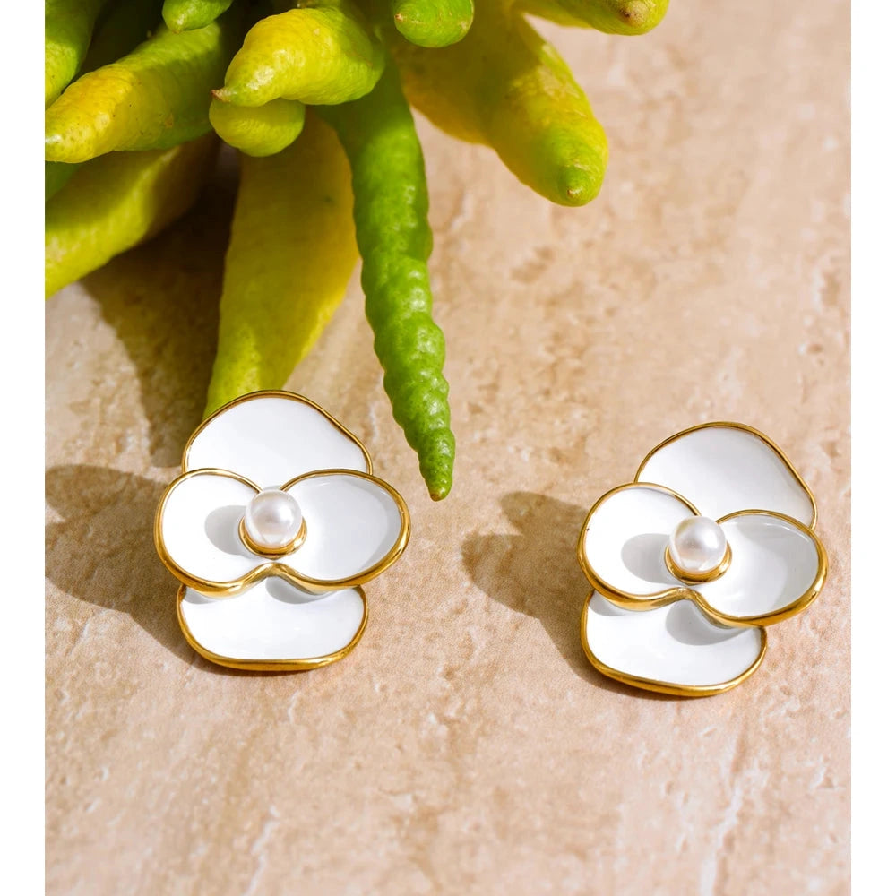 White Enamel Pearls Flower Stud Earrings for Women Golden Stainless Steel Daily Fashion Jewelry Recommend Gift by PoisedMe