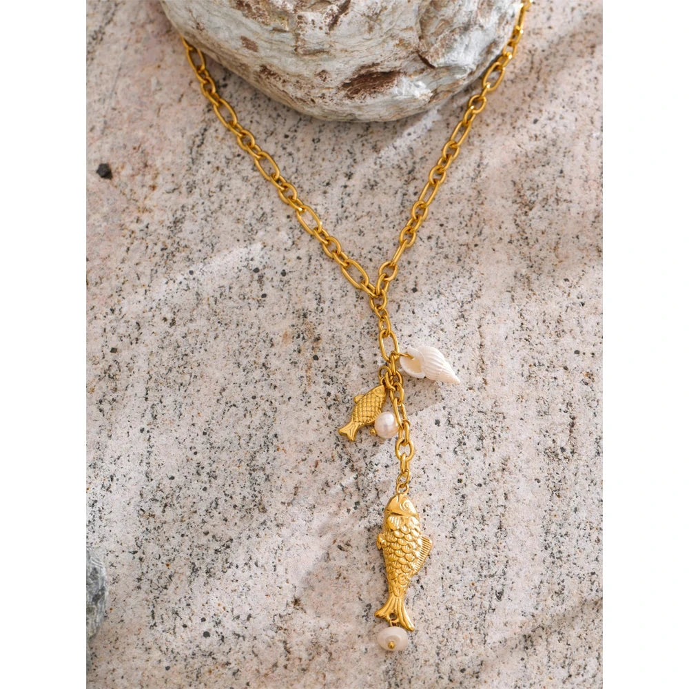 Yhpup Natural Pearls Shell Fish Pendant Chain Necklace 18K Golden PVD Plated Fashion Stainless Steel Charm Waterproof Jewelry by PoisedMe