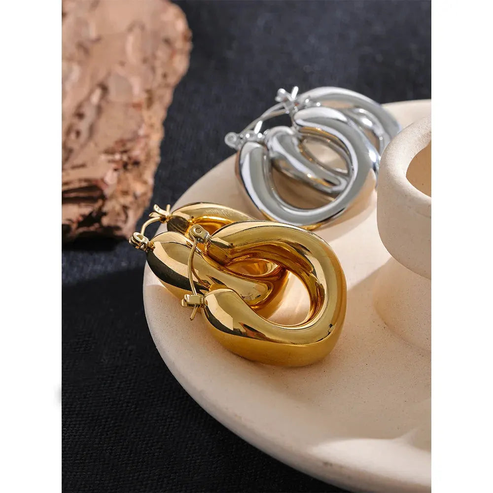 PoisedMe High Quality Stainless Steel Round Geometric Chunky Hoops Earrings for Women Charm Metal Simple Fashion Jewelry Waterproof -