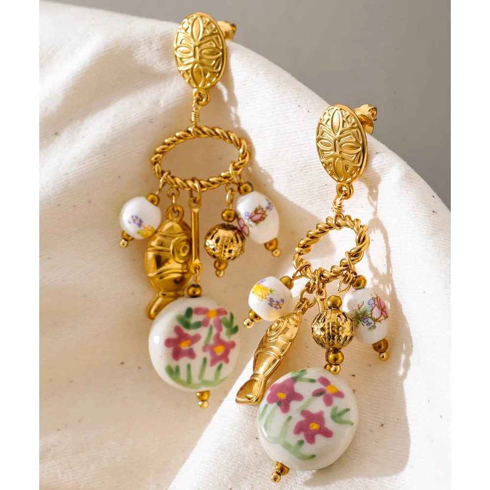 France Stainless Steel Ceramic Flower Fish Drop Charm Earrings Trendy Design New Arrivals 2026 Popular Charm Jewelry Gift by PoisedMe