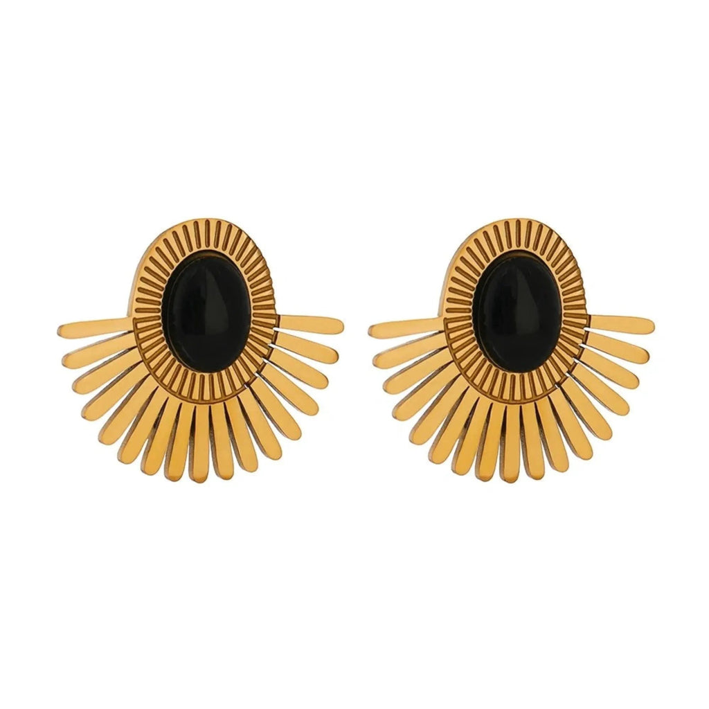 PoisedMe Gold Tone Sunburst Clip Earrings With Green Malachite Stone Statement Jewelry - Earrings
