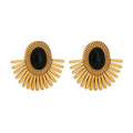 PoisedMe Gold Tone Sunburst Clip Earrings With Green Malachite Stone Statement Jewelry - Earrings