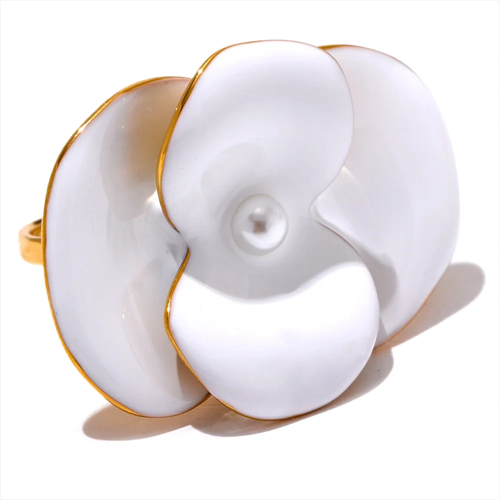 Exquisite White Enamel Flower Fashion Chic Adjustable Ring for Women Stainless Steel Waterproof Temperament Jewelry Gift by PoisedMe