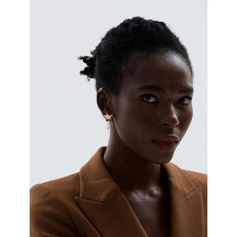 Trendy Stainless Steel Star Small Stud Earrings Metal Texture Cute 18K Gold Plated Rust Proof Jewelry Accessories Gift by PoisedMe