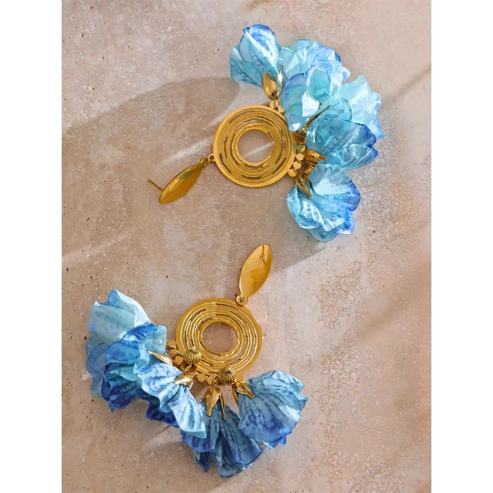 PoisedMe Spring Summer Fashion Bohemian Blue Cloth Flower Drop Earrings Exclusive Stainless Steel Handmade Fairy Jewelry -