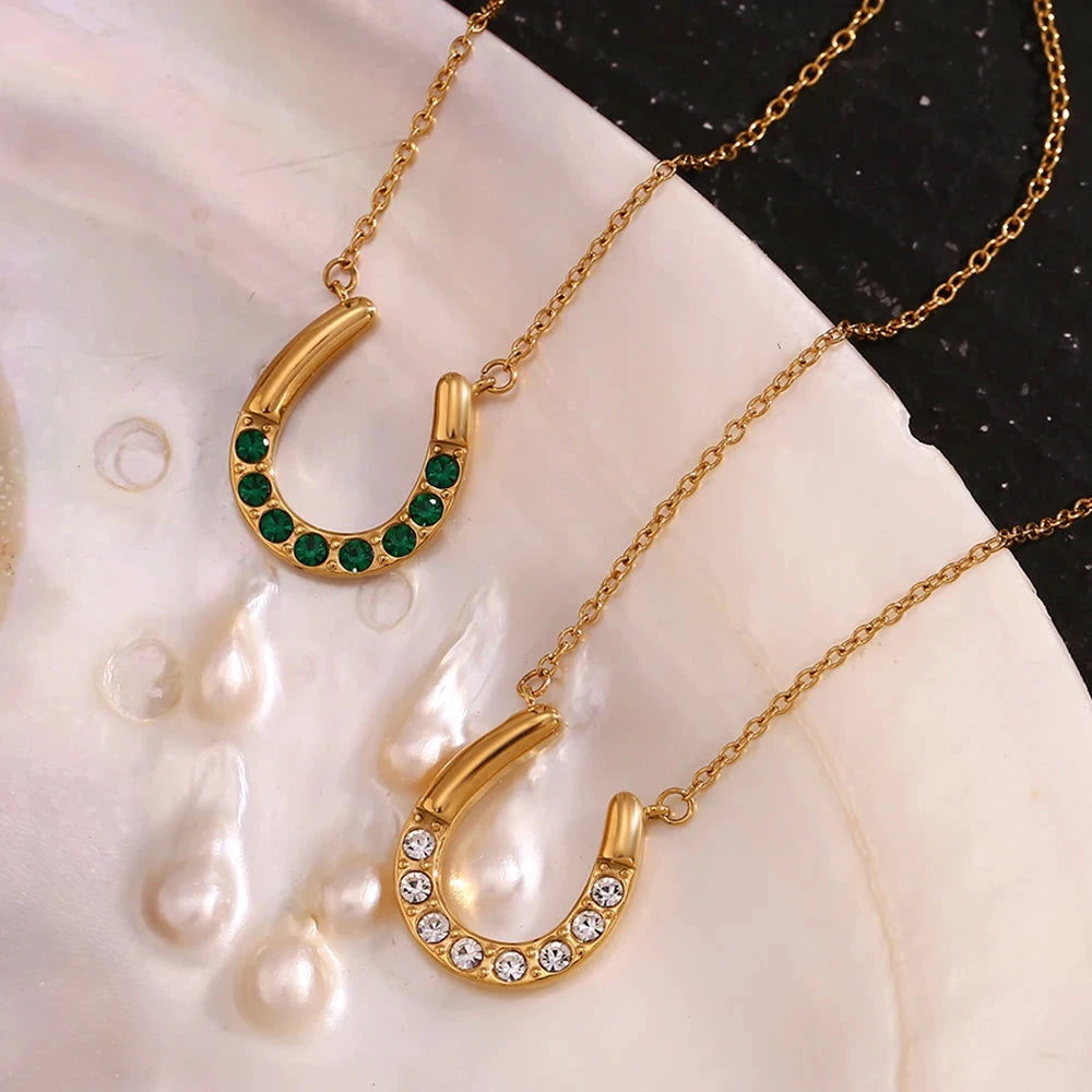 18K Gold Plated Sparkling Horseshoe U-shaped Pendant O-chain Women's Stainless Steel Necklace Jewelry On The Neck by PoisedMe