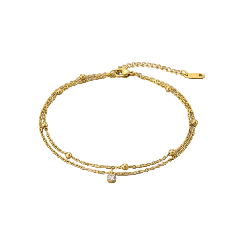 Kuziduocai 100% Stainless Steel New Fashion Jewelry 18K Gold-plated Minimalism 2-Layer Beading Zircon Charm Women Anklet Chain by PoisedMe
