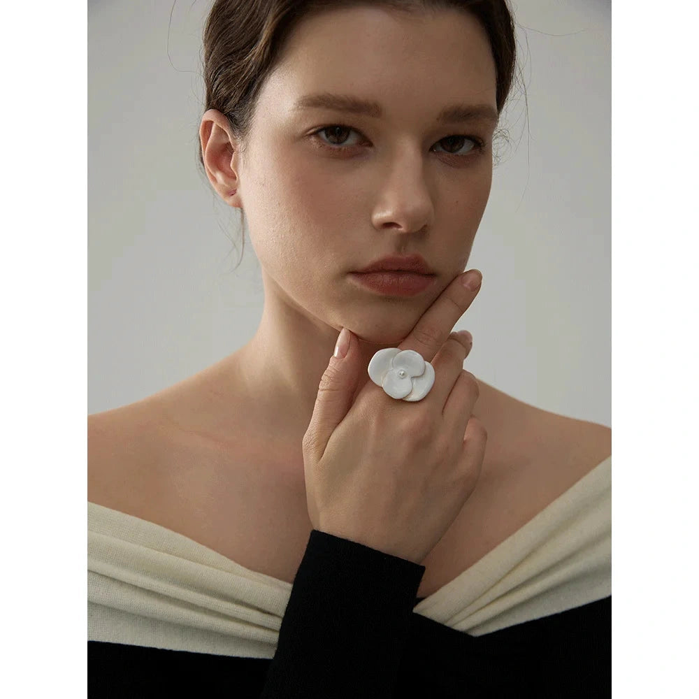 Exquisite White Enamel Flower Fashion Chic Adjustable Ring for Women Stainless Steel Waterproof Temperament Jewelry Gift by PoisedMe