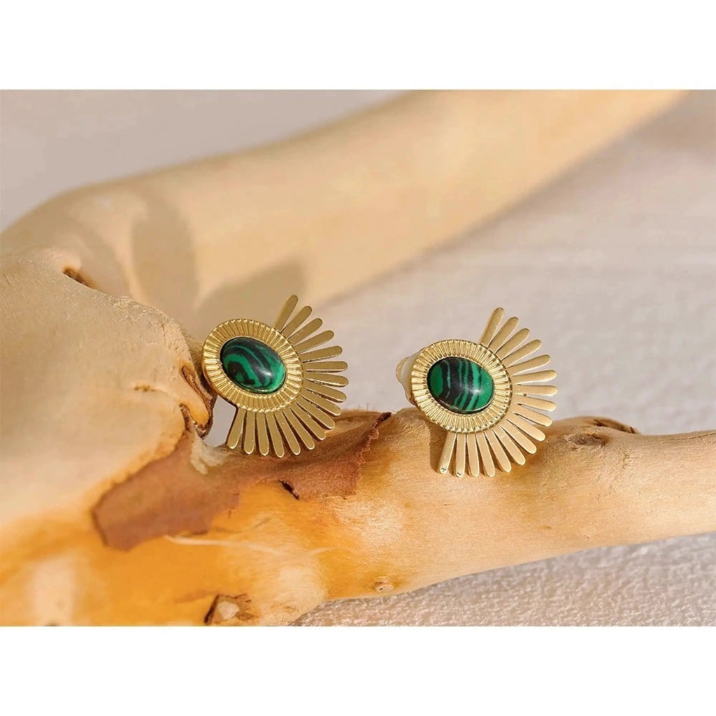 PoisedMe Gold Tone Sunburst Clip Earrings With Green Malachite Stone Statement Jewelry - Earrings