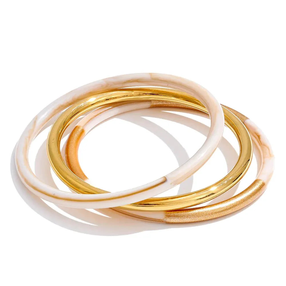 PoisedMe 1Set 65mm 3 Round Circle Resin Overlay Minimalist Bracelet Bangle Set 18K Gold Plated Stainless Steel Wrist Trend Jewelry -
