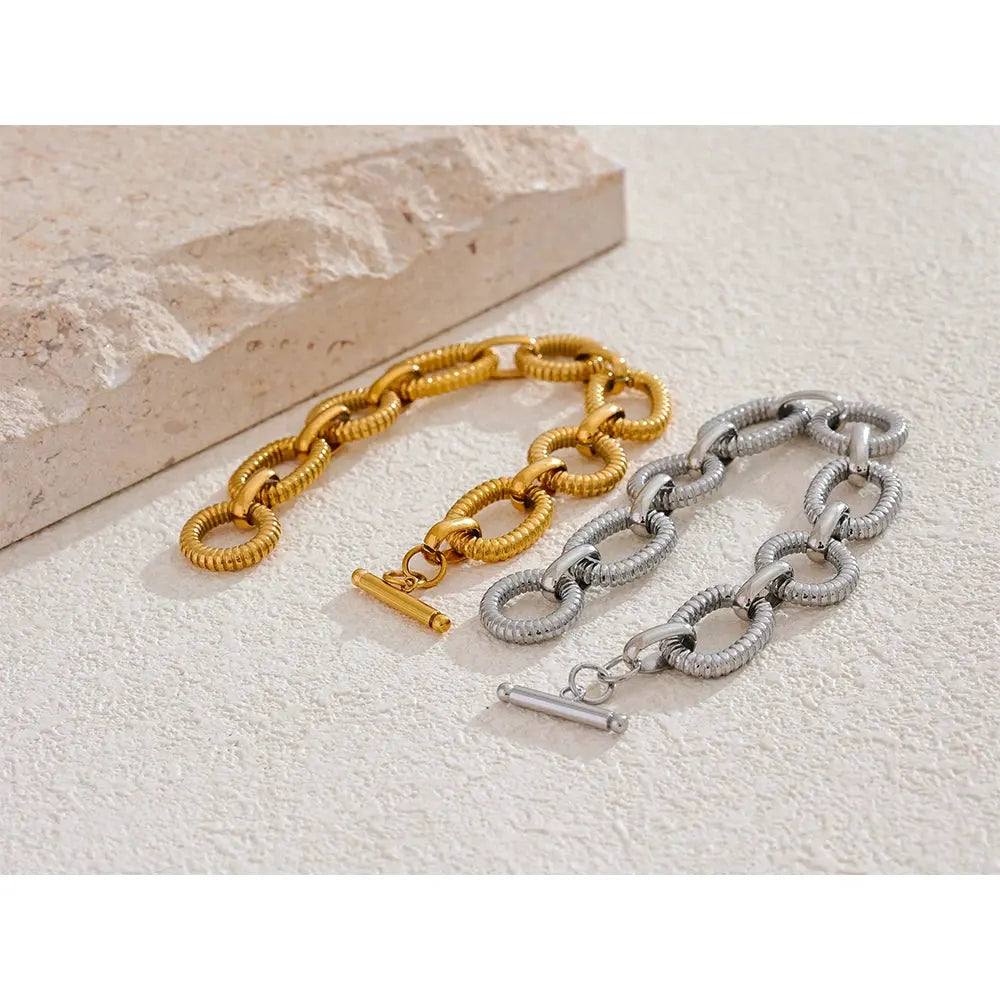 PoisedMe 316L Stainless Steel Metal Texture Oval Chain Bracelet Bangle Men Women 18K PVD Plated Toggle-Clasps Statement Jewelry -