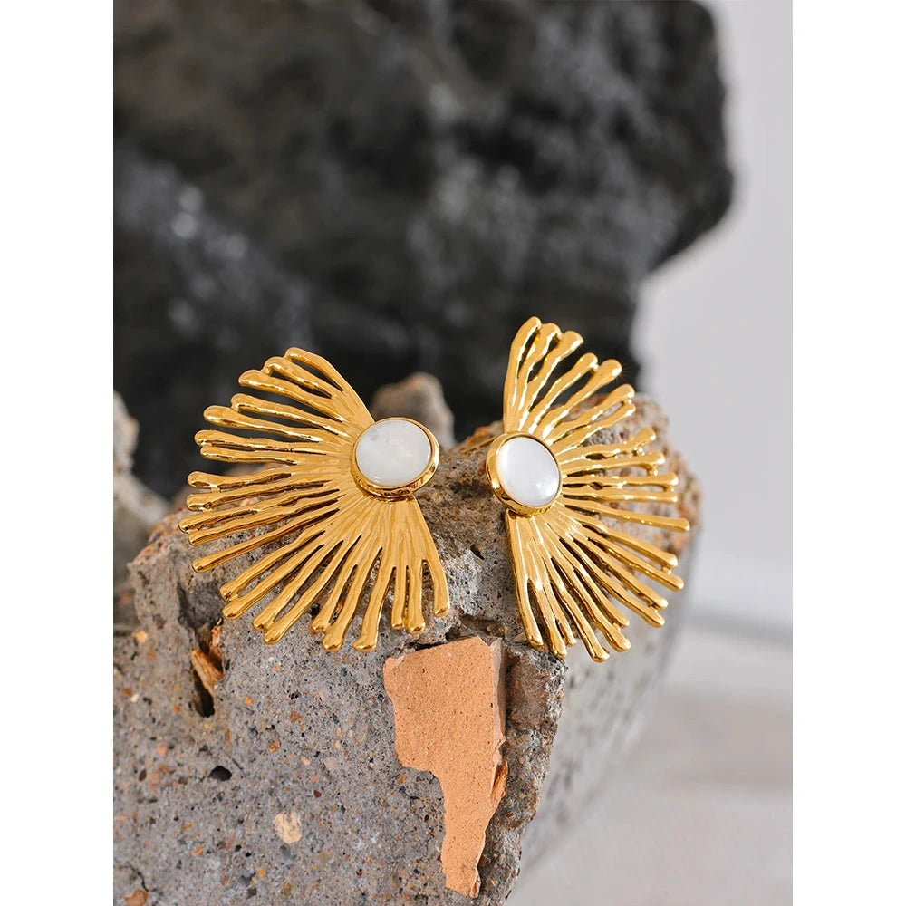 PoisedMe Yhpup Stainless Steel Charm Hyperbole Stud Earrings with Natural Shell Fashion Big Ear Jewelry Accessories Waterproof for Women -