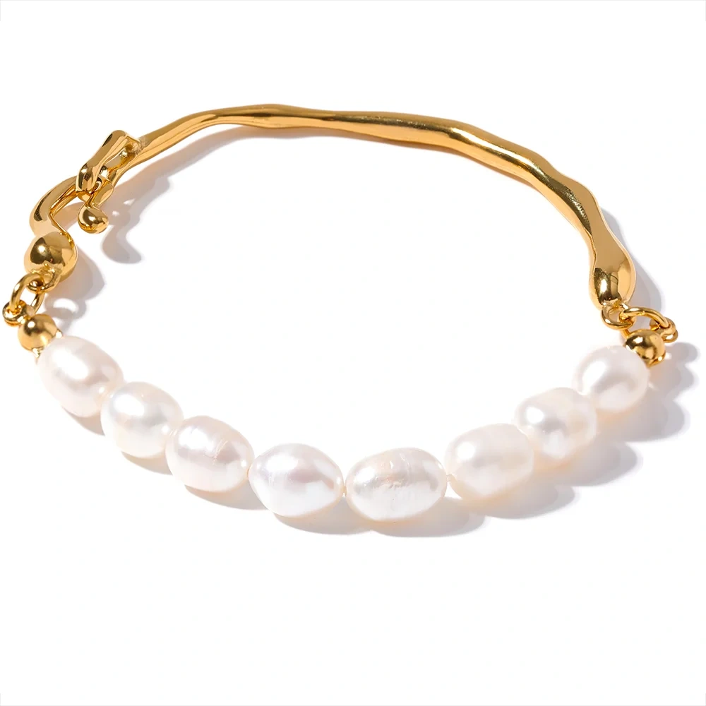 Luxury Natural Freshwater Pearls Stainless Steel 18k Gold Color Bracelet Bangle Temperament Fashion Jewelry Women New Gift by PoisedMe