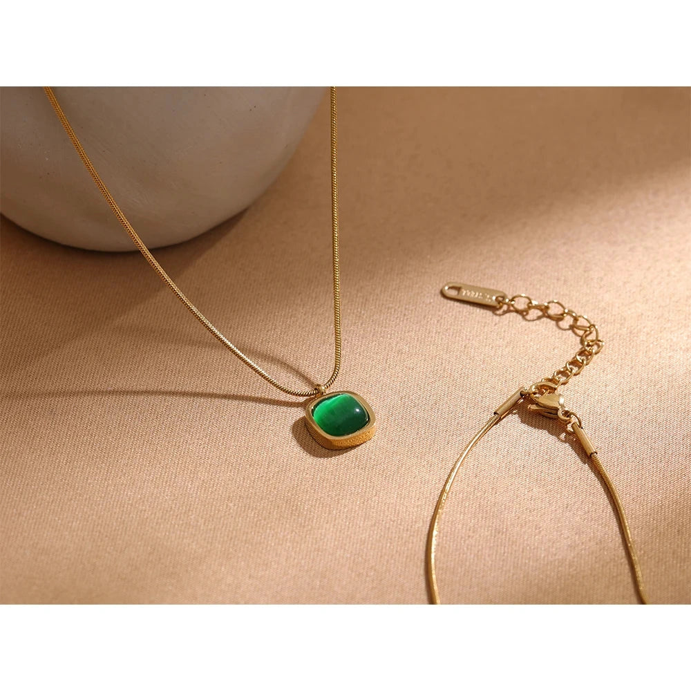 Square Green Opal Stone Pendant Drop Dangle Necklace for Women Charm Jewelry Minimalist Geometric Stainless Steel Necklace by PoisedMe