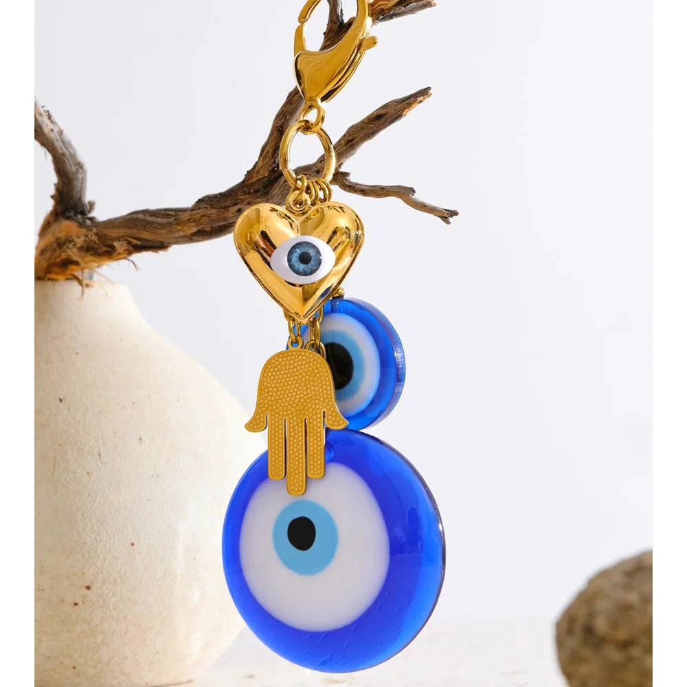 Stylish Unique Blue Resin Round Eye Palm Chain Pendant keychain 18K Golden Plated Stainless Steel Decoration Jewelry by PoisedMe