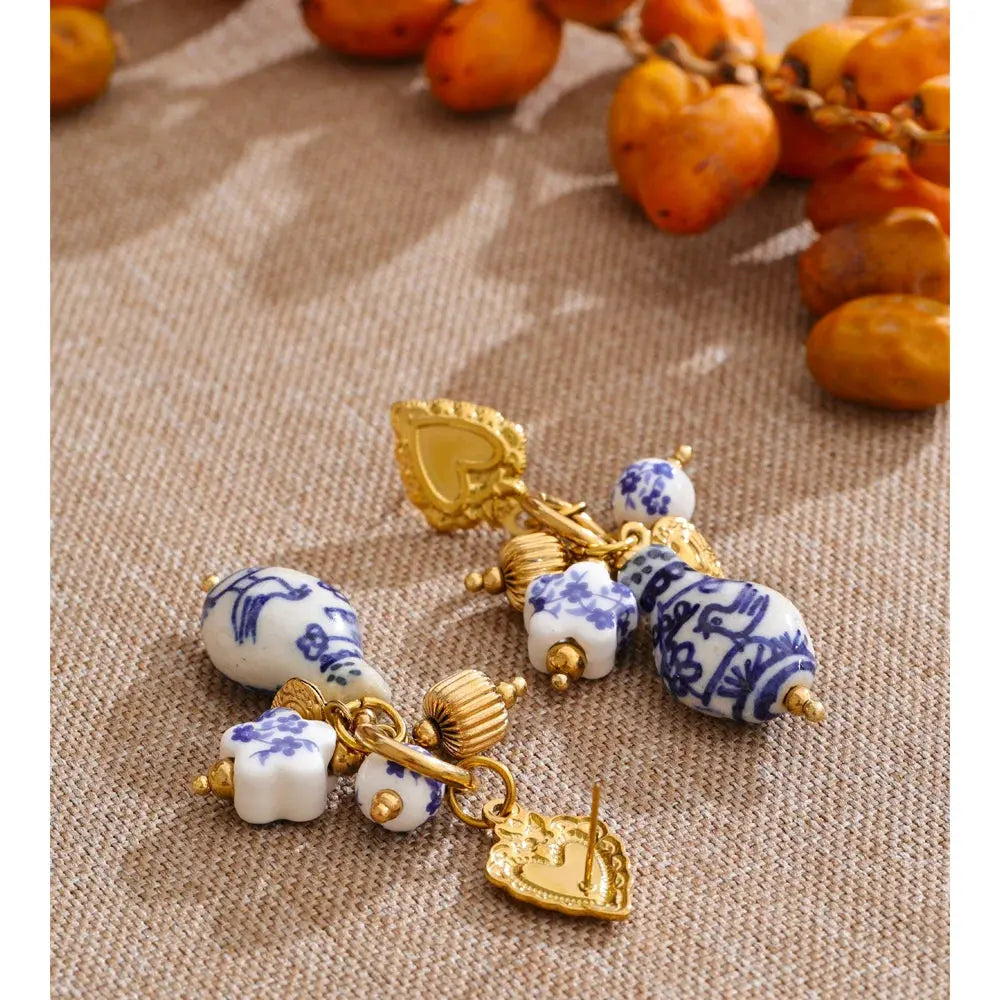 PoisedMe Ceramic Flower Heart Drop Earrings France Summer Handmade Charms Waterproof Vintage Jewelry Stainless Steel -
