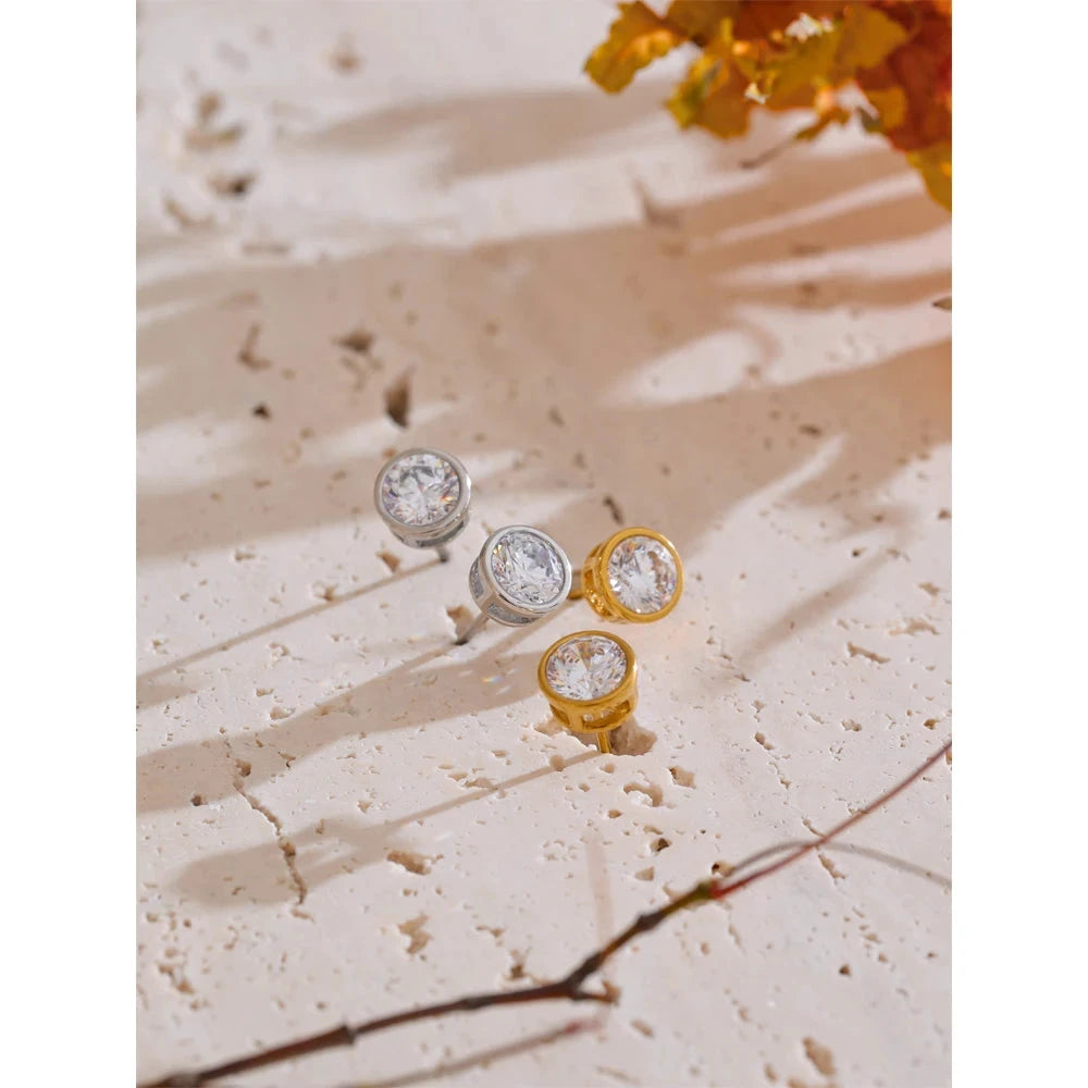 High-Grade AAA Shiny Cubic Zirconia Round Stud Earrings Luxury Stainless Steel Daily Premium Jewelry Accessories by PoisedMe