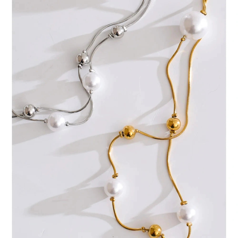 PoisedMe Yhpup 92+5cm Double-Layer Chain Overlay Necklace Stainless Steel 4-Season Jewelry Sweater Chain Accessories Simulated Pearls -