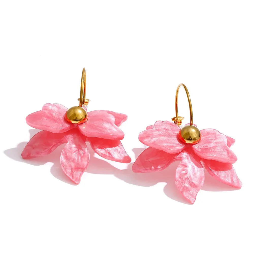 PoisedMe Mutil-color Acrylic Flower Petal Drop Earrings Stainless Steel Golden Young Charming Jewelry Waterproof -
