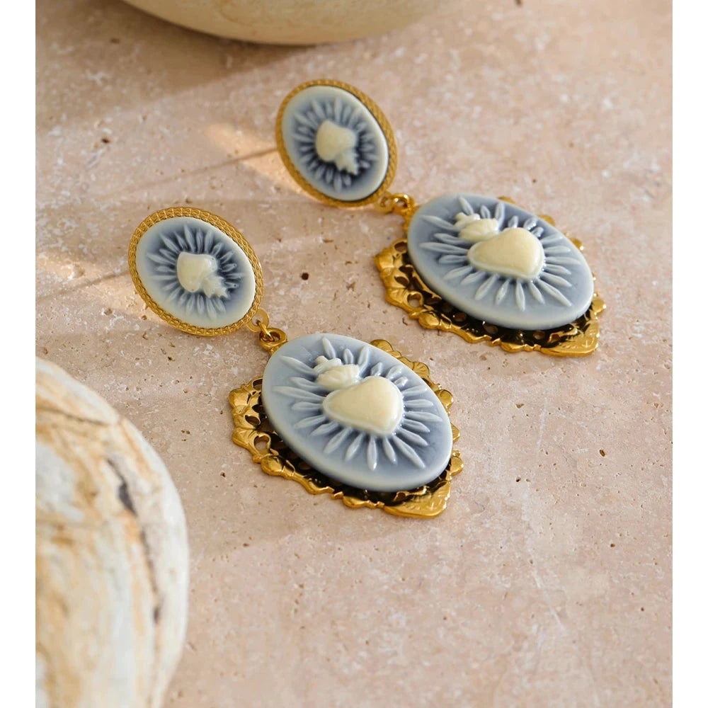 French Style Resin Heart Flower Drop Dangle Palace Earrings for Women Stainless Steel Fashion Vintage Jewelry Waterproof by PoisedMe