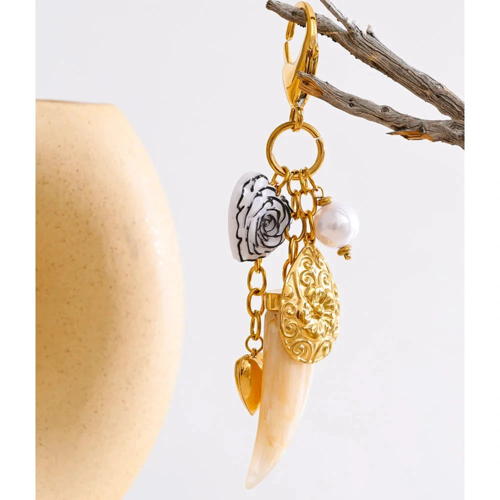 Fashion Resin Flower Heart Horn Chain Pendant Key Chain for Women Stainless Steel Lanyard Key Ring Bag Accessories by PoisedMe