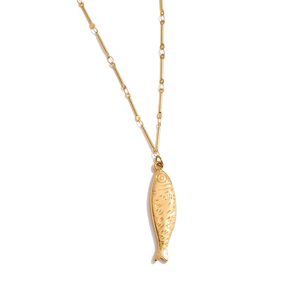 Ocean Stainless Steel Metal Fish Pendant Necklace Earrings Rust Proof Golden PVD Plated Trendy Fashion Jewelry by PoisedMe