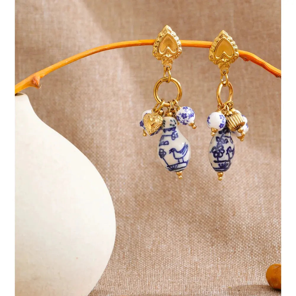 PoisedMe Ceramic Flower Heart Drop Earrings France Summer Handmade Charms Waterproof Vintage Jewelry Stainless Steel -