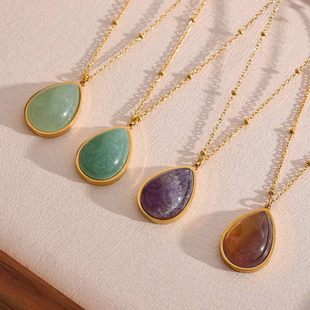 PoisedMe Water Drop Amethyst Green Aventurine Natural Stone Necklace Stainless Steel Fashion Charm Pendant Jewelry Tarnish Free -