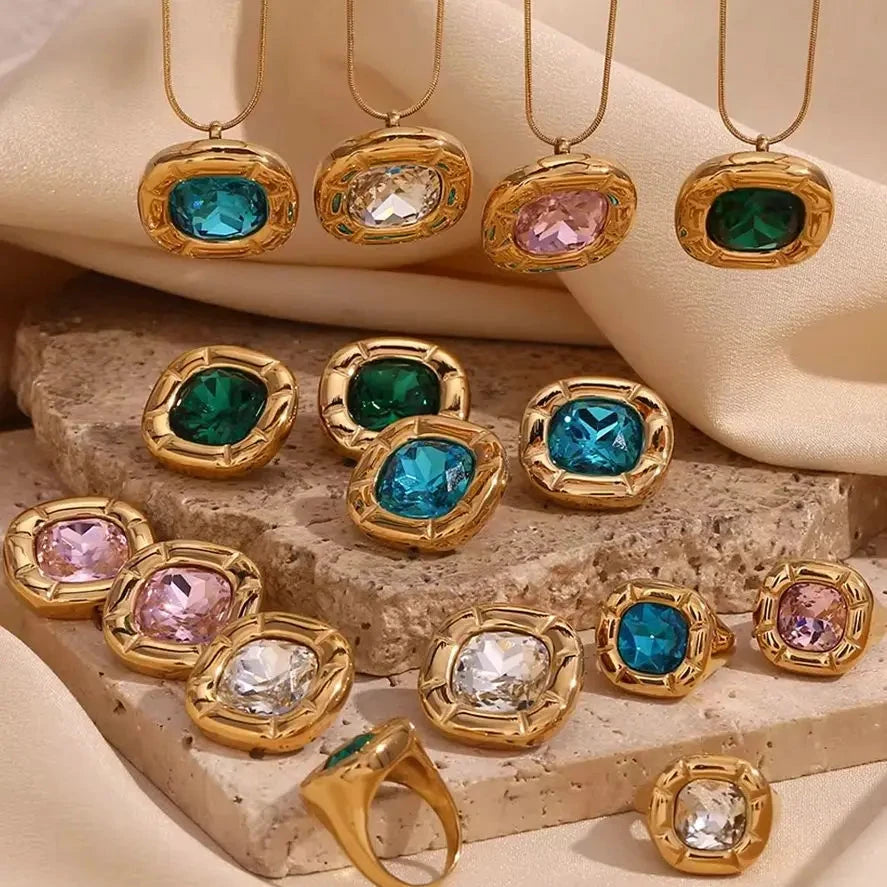 E.B.belle Round Square Flower Zircon Earrings Necklace Ring Tarnish Free Stainless Steel Women's Ring 18K Gold Plated Jewelry by PoisedMe