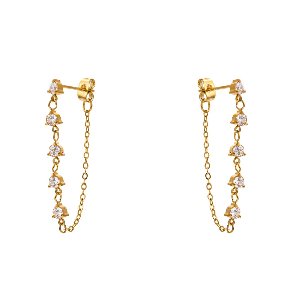 PoisedMe New Green White Cubic Zirconia Chain Drop Earrings Gold Color Stainless Steel PVD Plated Chic Fashion Jewelry 