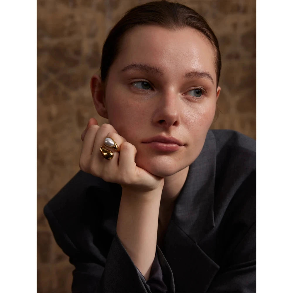 Fashion Imitation Pearl Water Drop Finger Ring Women 316L Stainless Steel Elegant Gold Platinum Plated Jewelry by PoisedMe