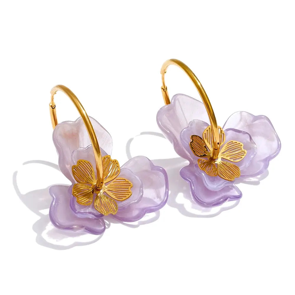 PoisedMe Exclusive Design Resin Flower Hoop Earrings for Women Stainless Steel Charming Jewelry Green Pink Purple White Brown Color -