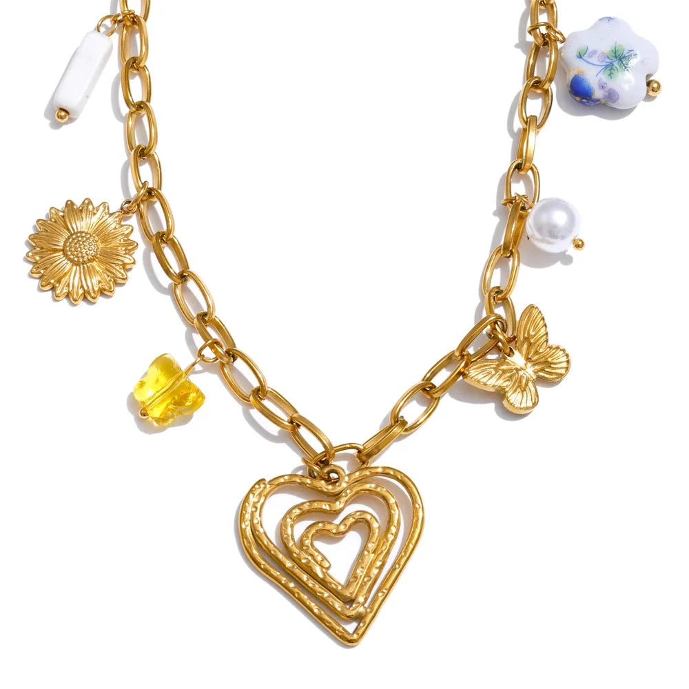 Ocean Style Stainless Steel Pearl Shell Starfish Flower Chilli Drop Charm Necklace Golden Plated Handmade Holiday Jewelry by PoisedMe