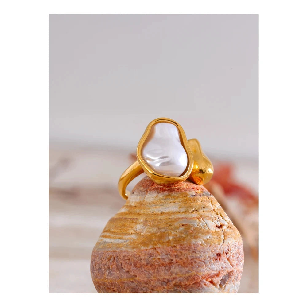 18K Golden PVD Plated Stainless Steel Cast Finger Open Artificial Baroque Pearl Ring Rust Resistant Fashion Jewelry by PoisedMe