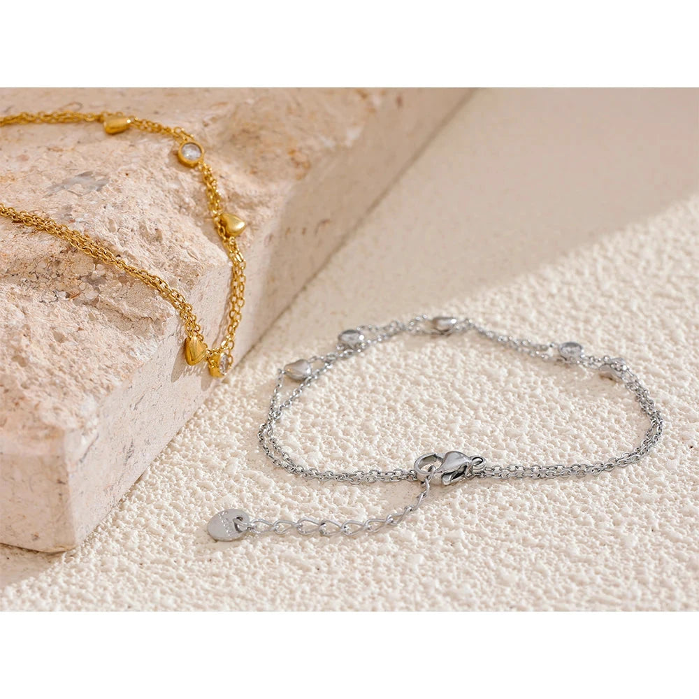 Delicate Chain Heart Zircon Double Layer Stacking Bracelet Bangle Chic Summer Stainless Steel Waterproof Jewelry Gift by PoisedMe