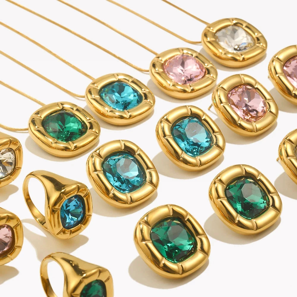 E.B.belle Round Square Flower Zircon Earrings Necklace Ring Tarnish Free Stainless Steel Women's Ring 18K Gold Plated Jewelry by PoisedMe