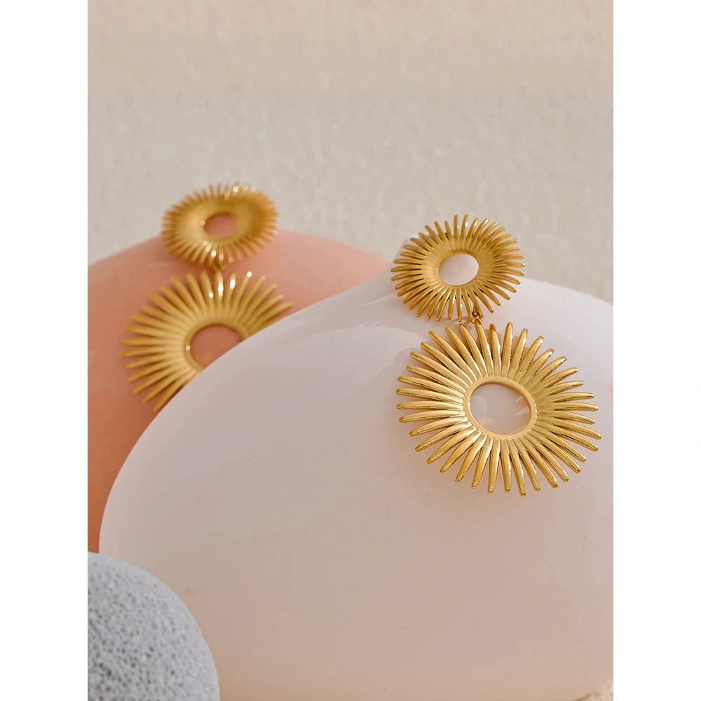 Statement Stainless Steel Sun Flower Drop Waterproof Earrings Rust Proof Metal Gold Color Fashion Personality Jewelry by PoisedMe