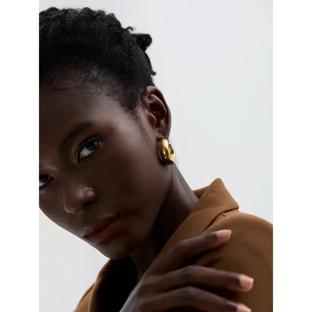 PoisedMe High Quality Stainless Steel Round Geometric Chunky Hoops Earrings for Women Charm Metal Simple Fashion Jewelry Waterproof -