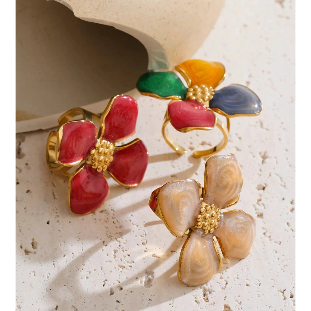 Colorful Metal Flower Petal Charm Open Adjustable Ring for Women Stainless Steel Trendy Cheap Finger Jewelry by PoisedMe