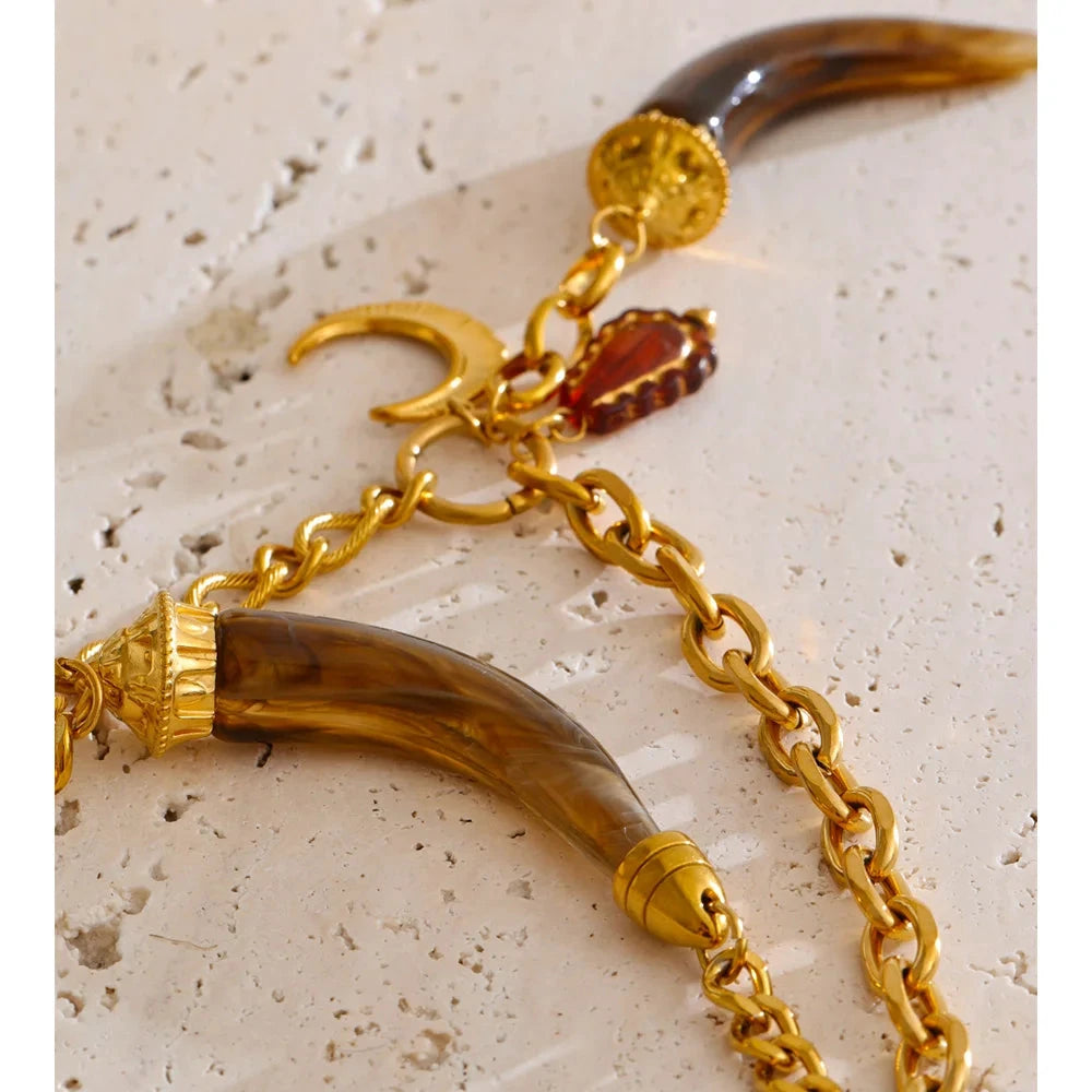 Stainless Steel Double-Layer Resin Horn Pendant Necklace 18K Golden PVD Plated Waterproof Charm Jewelry Gift by PoisedMe