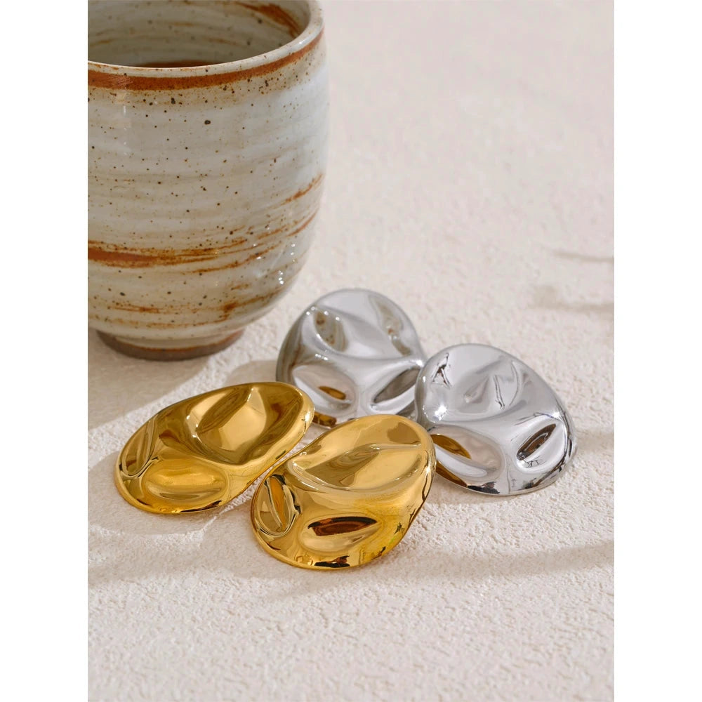 PoisedMe 23g Hot Style Stainless Steel Metal Hammer Geometric Stud Earrings Water Resistant Texture Daily Unusual Jewelry -