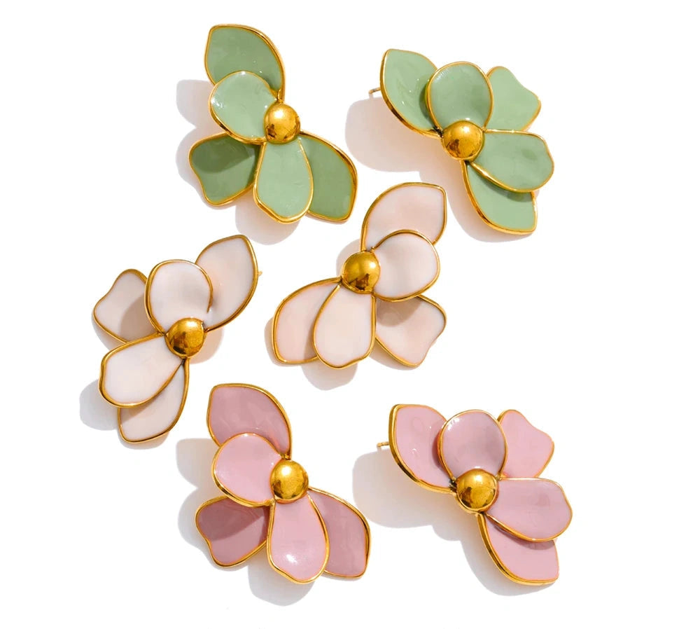 Green Pink Enamel Petal Flower Stud Earrings for Women Stainless Steel Exquisite Spring Summer Daily Trending Jewelry by PoisedMe