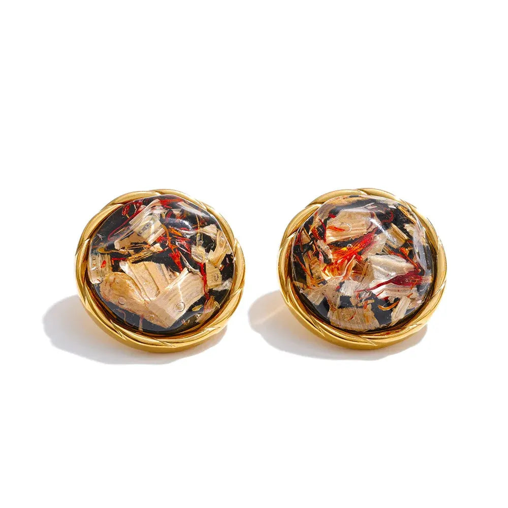 PoisedMe 3 Color Stainless Steel Resin Round Stud Earrings Golden PVD Waterproof Plated Fashion Daily Korean Jewelry Earrings -